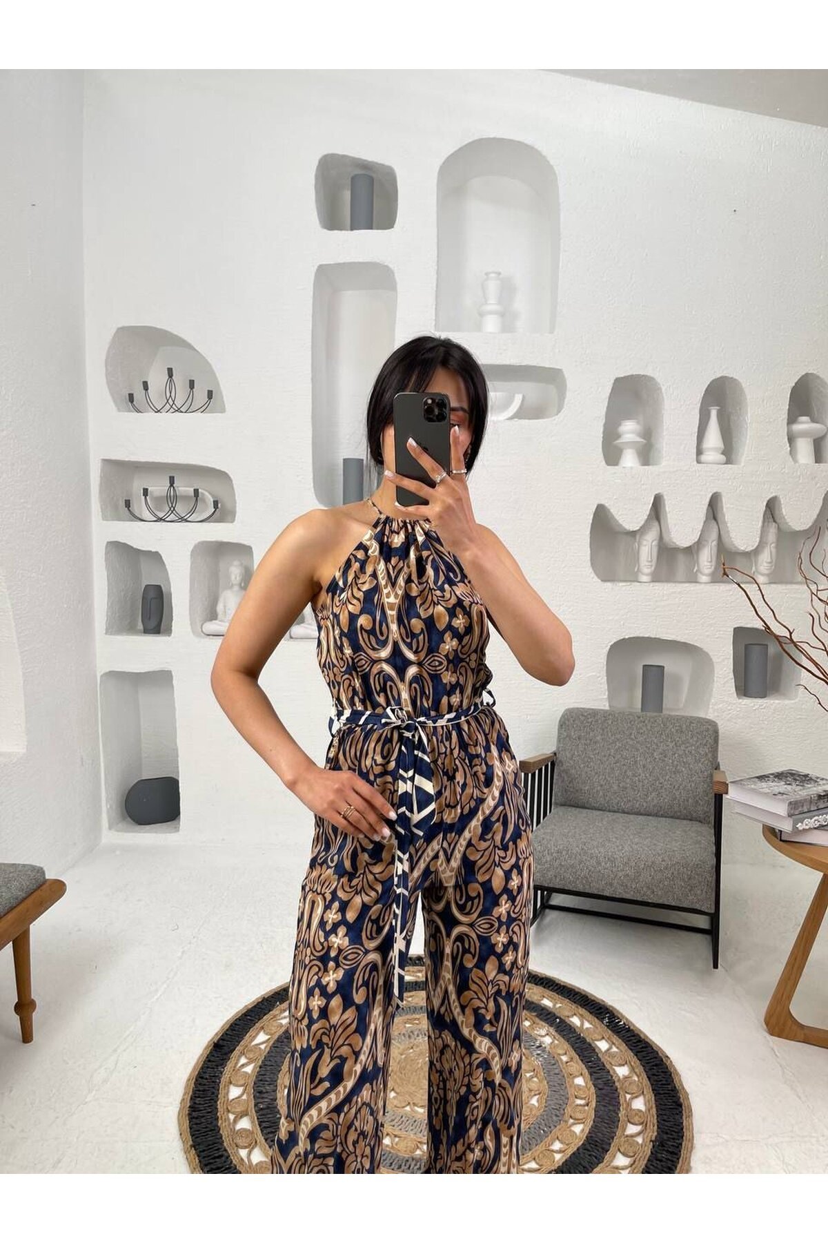 3528-LACİVERT VİSKON KUMAŞ KİLİM DESEN TULUM