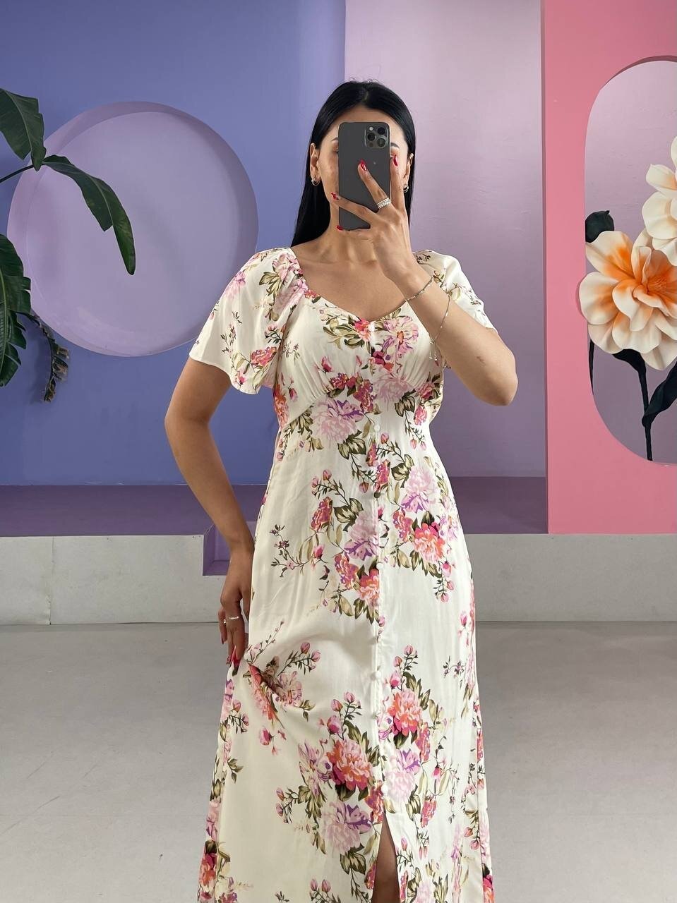 3529-ÇİÇEK DESEN ÖNDEN BAĞLAMALI ELBİSE