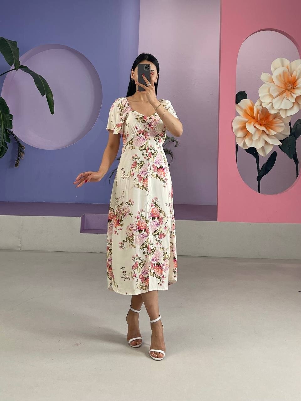 3529-ÇİÇEK DESEN ÖNDEN BAĞLAMALI ELBİSE