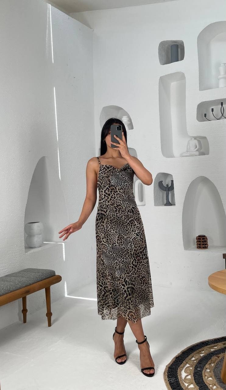 3541-LEOPAR DESEN SIFIR KOL TÜL ELBİSE