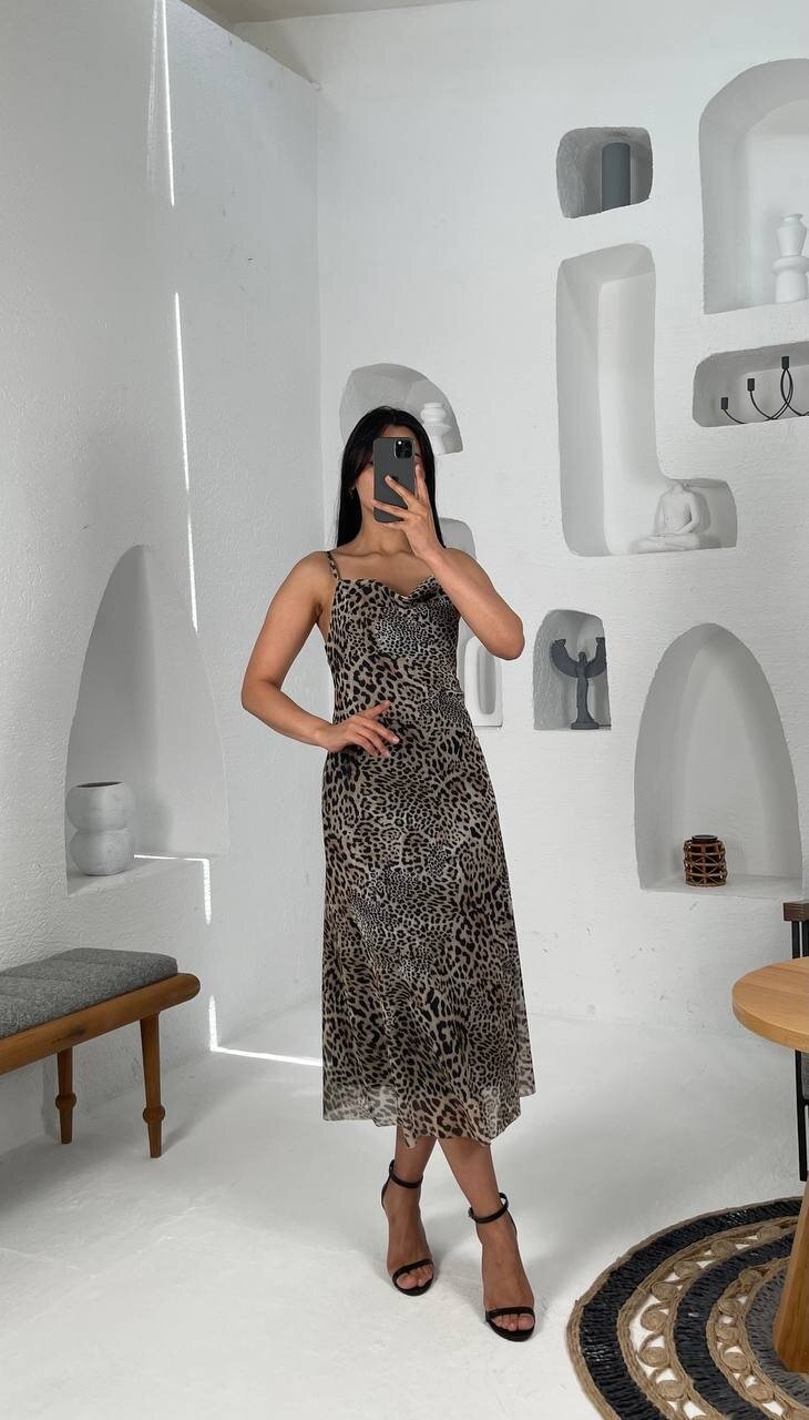 3541-LEOPAR DESEN SIFIR KOL TÜL ELBİSE