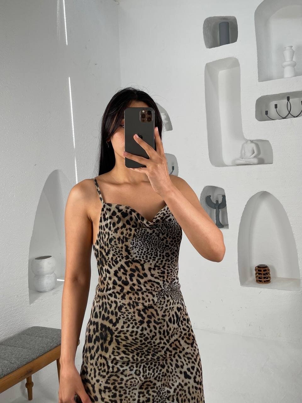 3541-LEOPAR DESEN SIFIR KOL TÜL ELBİSE