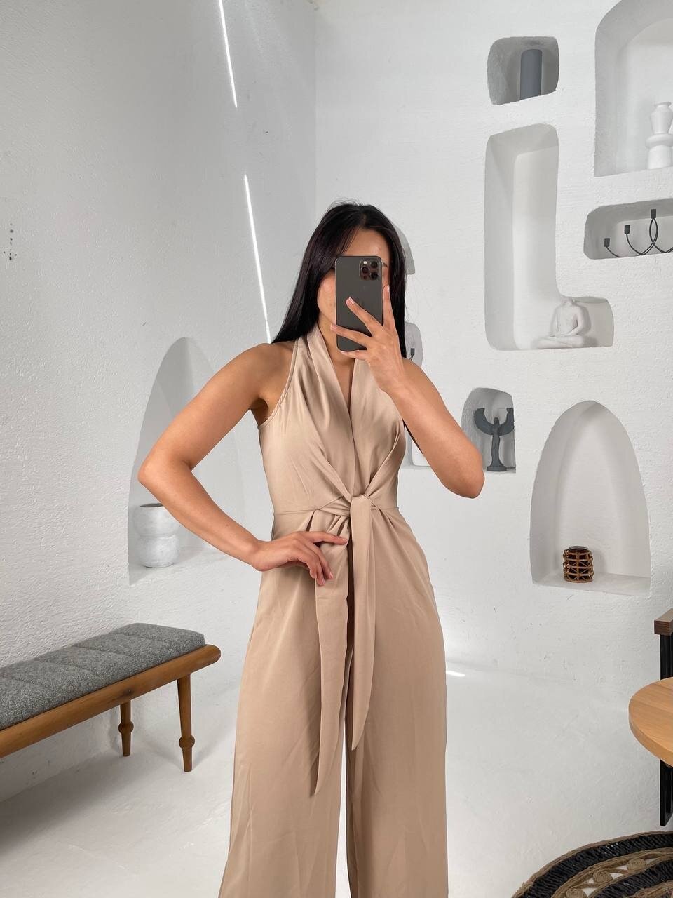 3551-KOYU BEJ ÖNDEN BAĞLAMALI TULUM