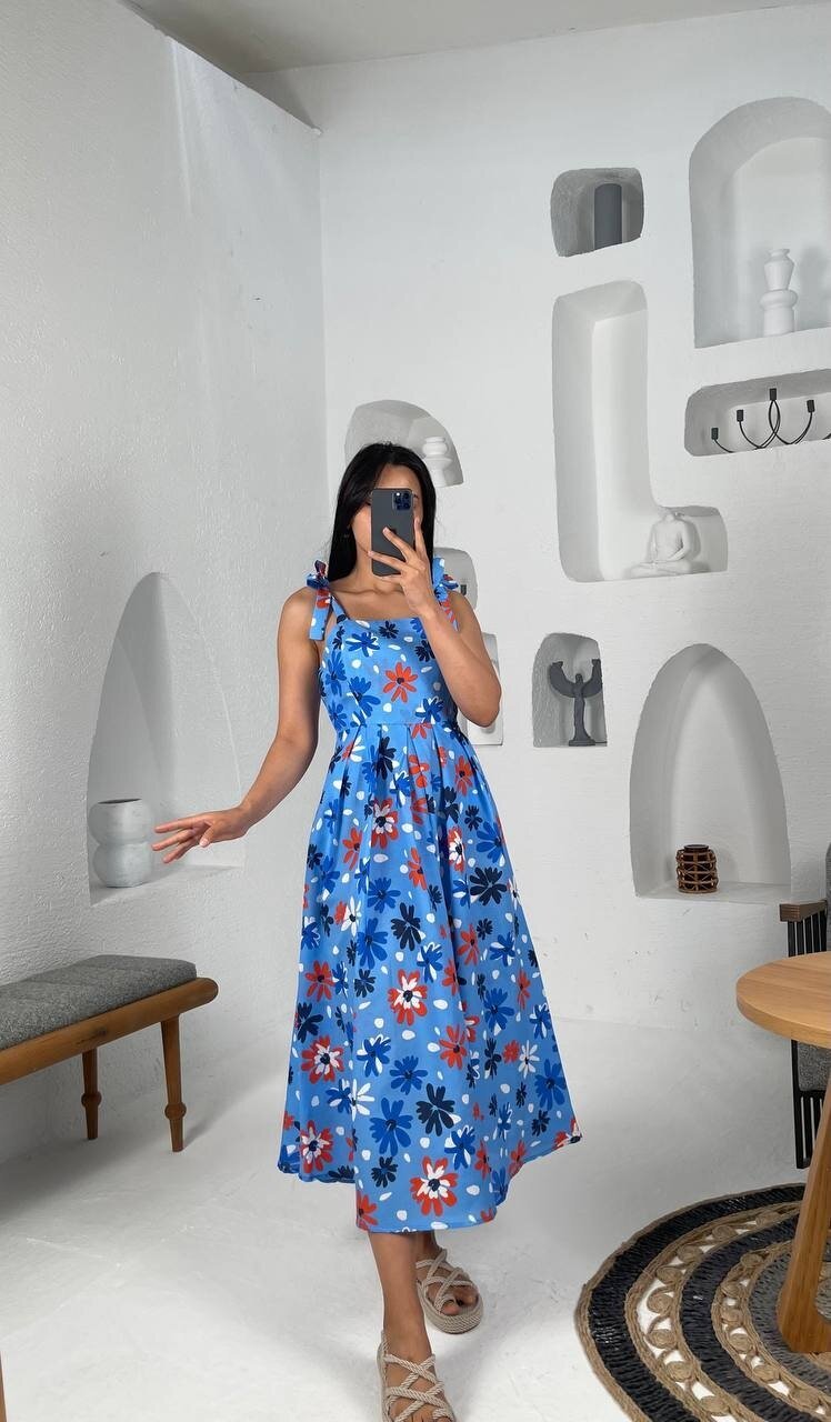 3557-MAVİ ÇİÇEK DESEN POPLİN ELBİSE