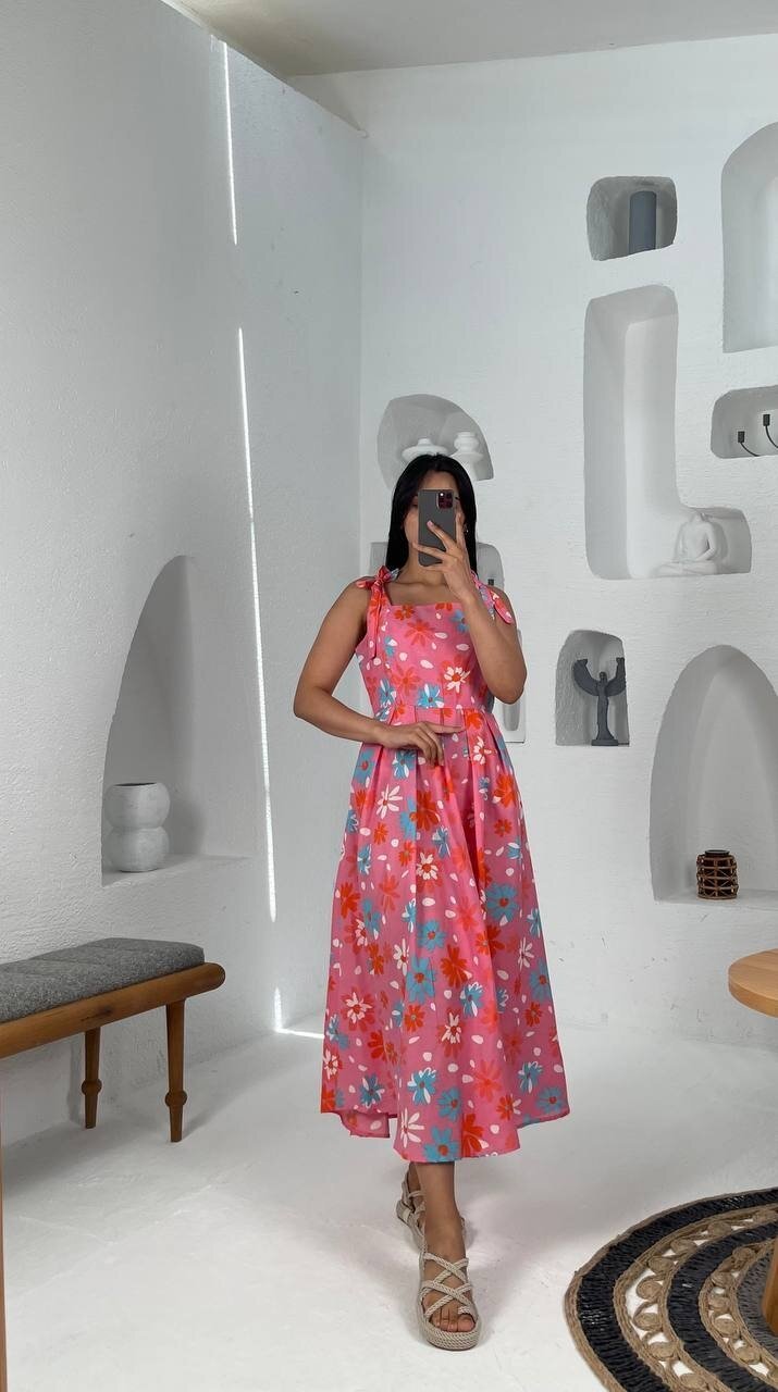 3557-PEMBE ÇİÇEK DESEN POPLİN ELBİSE