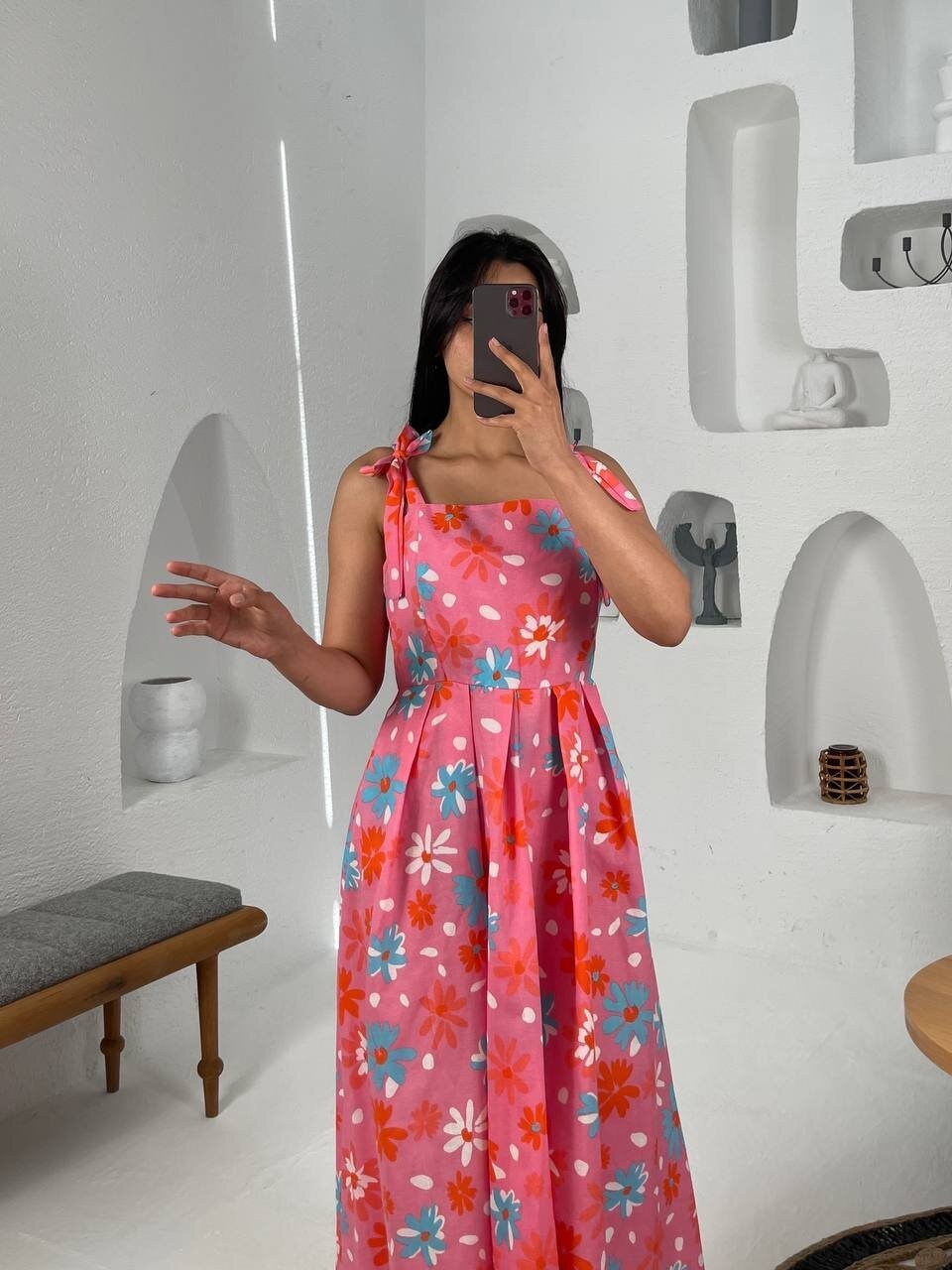 3557-PEMBE ÇİÇEK DESEN POPLİN ELBİSE