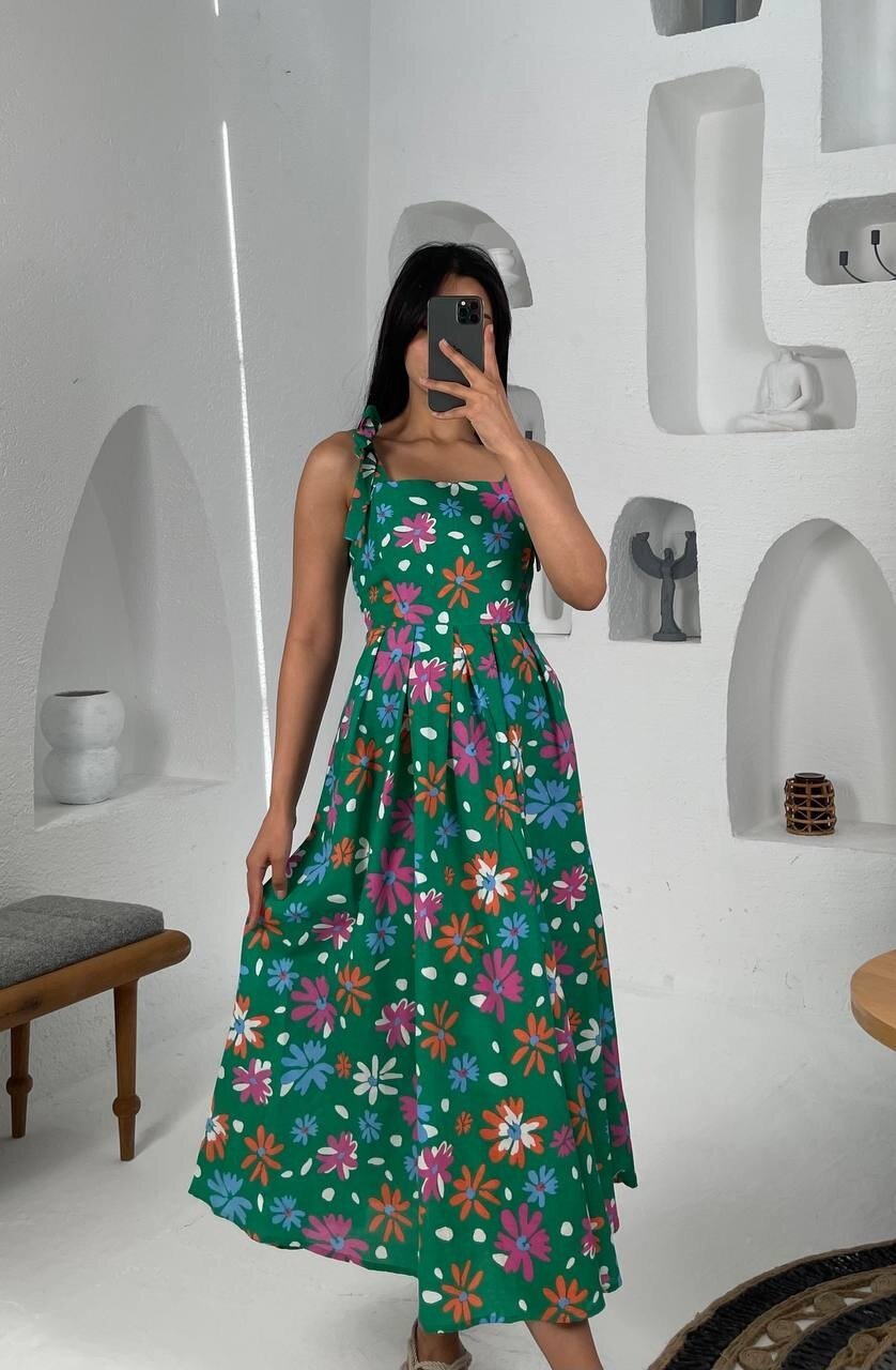 3557-YEŞİL ÇİÇEK DESEN POPLİN ELBİSE