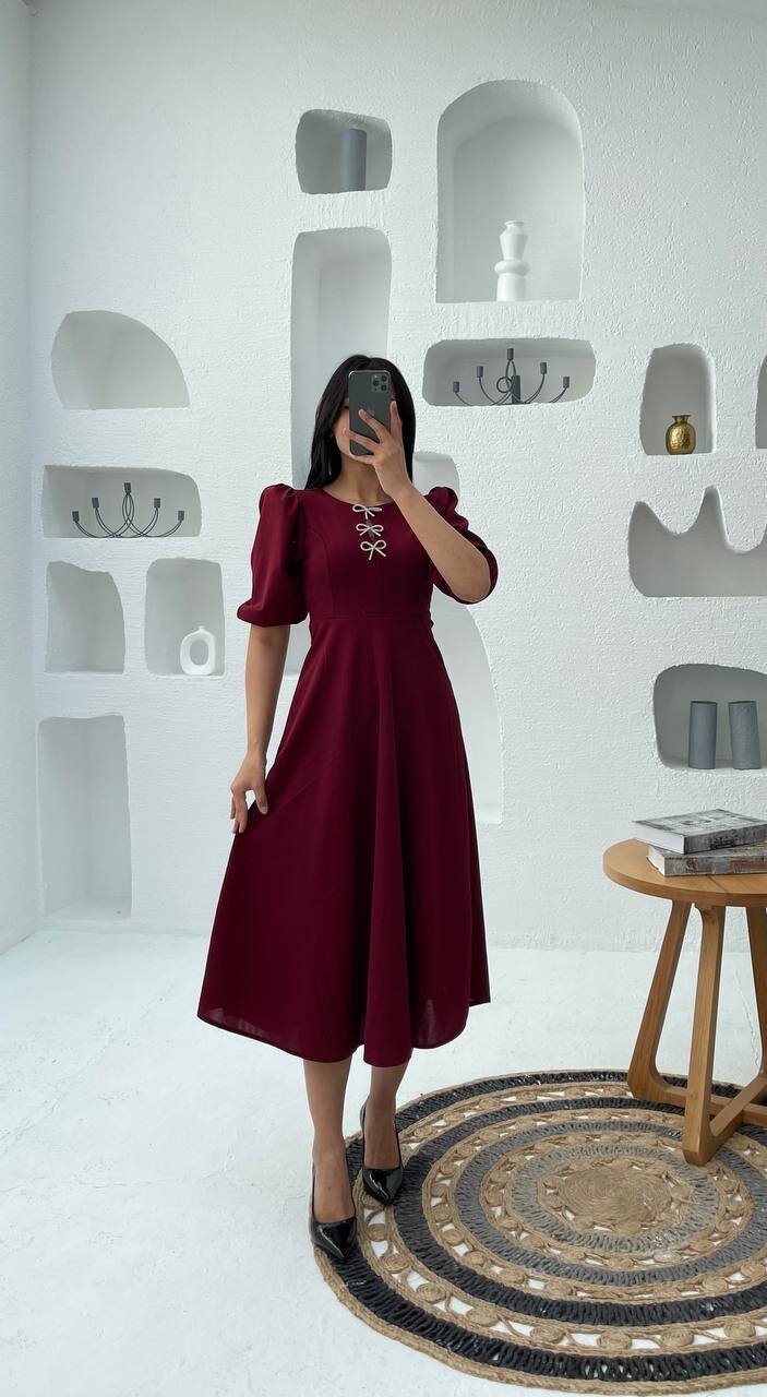 3578-BORDO TAŞ FİYONKLU ELBİSE