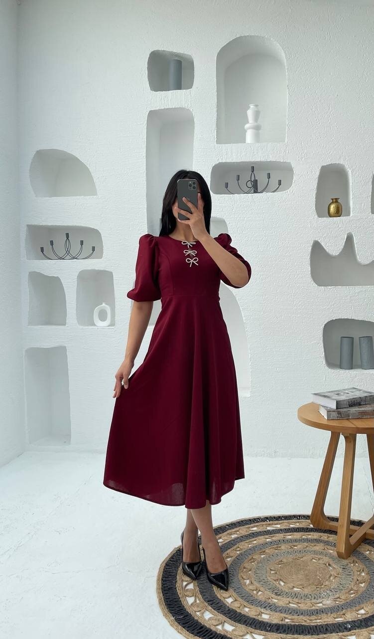 3578-BORDO TAŞ FİYONKLU ELBİSE