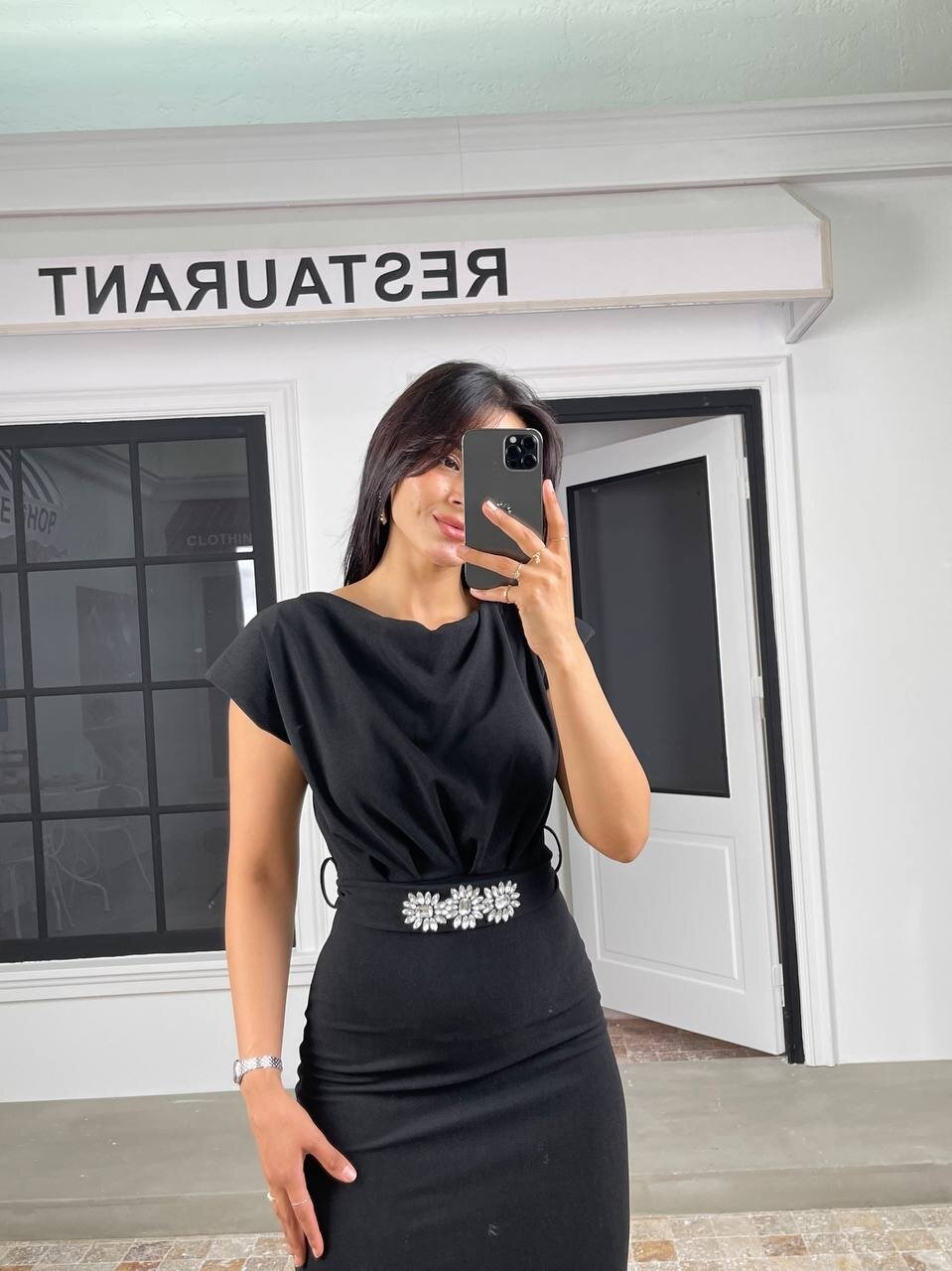 3580-SİYAH SİYAH KEMERLİ ELBİSE