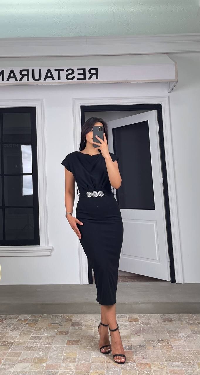 3580-SİYAH SİYAH KEMERLİ ELBİSE