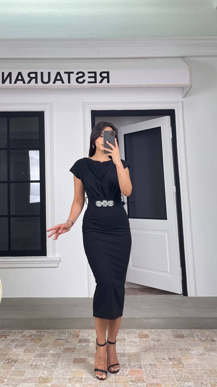 3580-SİYAH SİYAH KEMERLİ ELBİSE