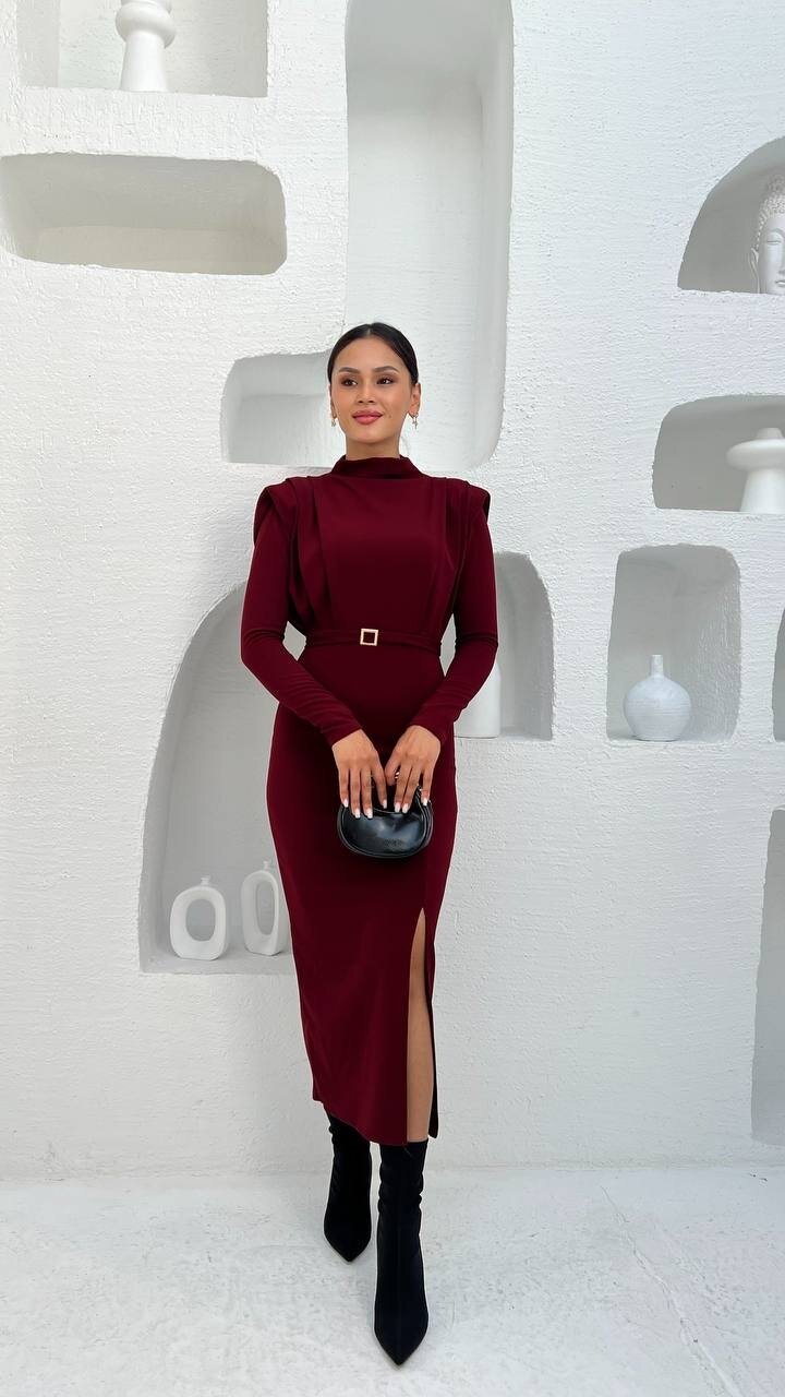 3587- BORDO  BALIKÇI YAKA OMUZLARI PİLELİ KENDİNDEN TOKA KEMERLİ ELBİSE