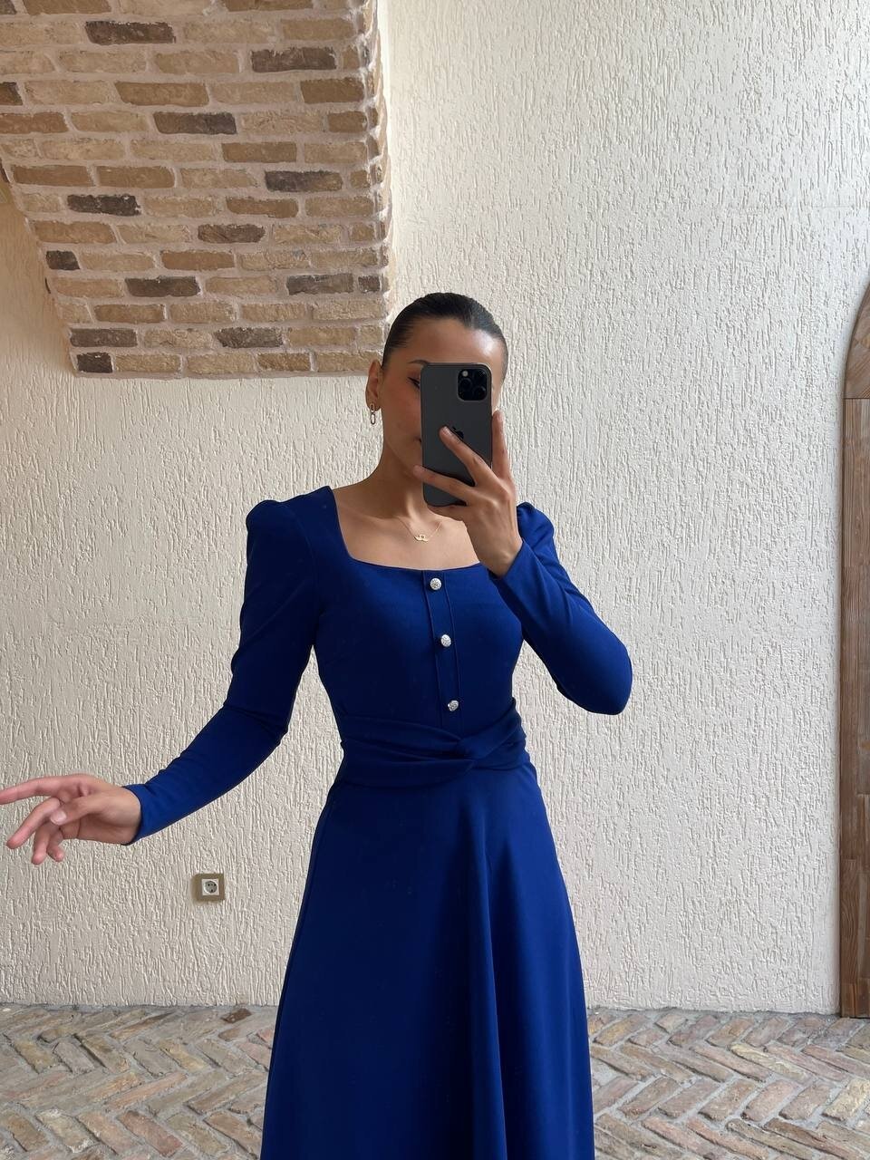 3620-SAKS DÜĞME DETAY KENDİNDEN KEMERLİ ELBİSE