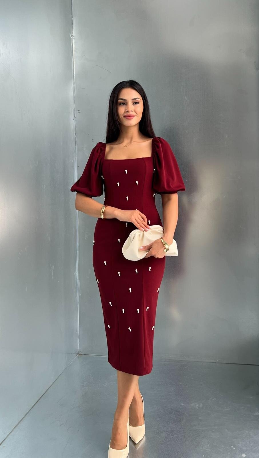 3622-BORDO TAŞ DETAY KARE YAKA ELBİSE