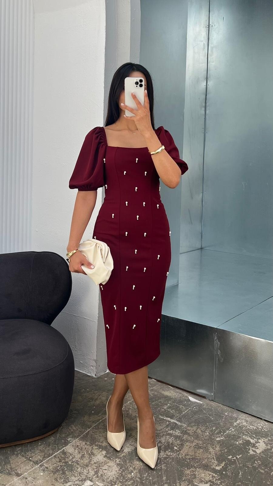 3622-BORDO TAŞ DETAY KARE YAKA ELBİSE