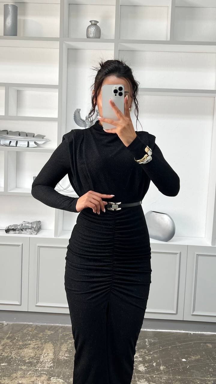 3625-SİYAH  BALIKÇI YAKA DRAPELİ SİMLİ ELBİSE