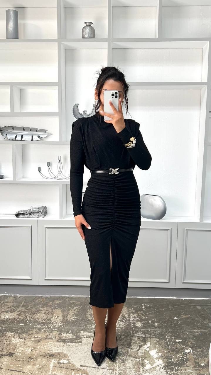 3625-SİYAH  BALIKÇI YAKA DRAPELİ SİMLİ ELBİSE