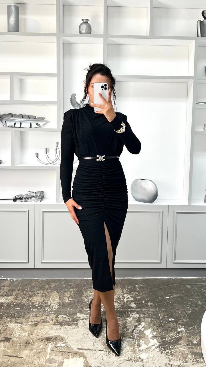 3625-SİYAH  BALIKÇI YAKA DRAPELİ SİMLİ ELBİSE