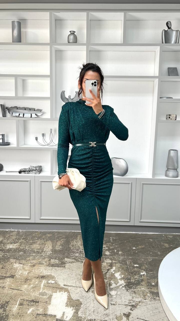 3625-ZÜMRÜT BALIKÇI YAKA DRAPELİ SİMLİ ELBİSE