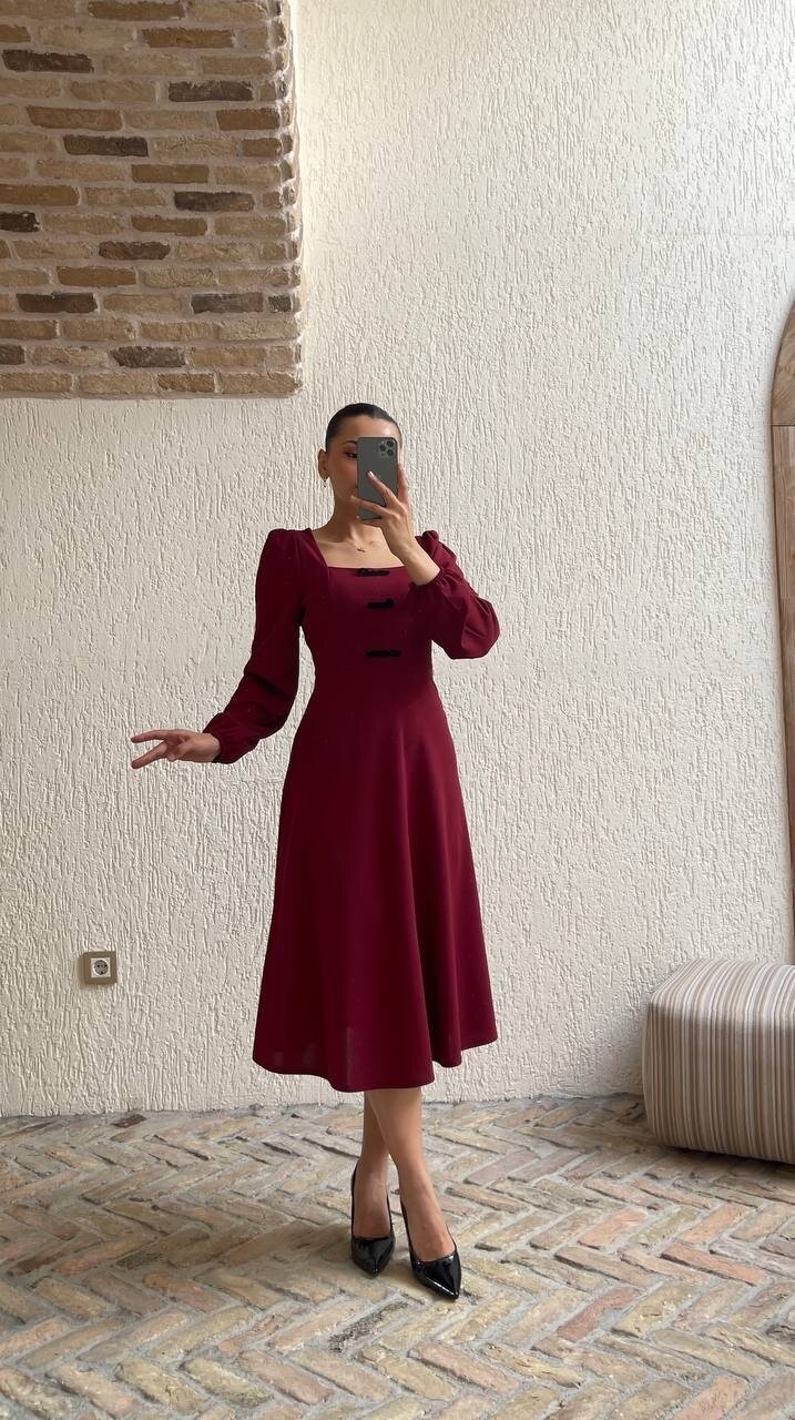 3630-BORDO KADİFE FİYONK DETAY ELBİSE