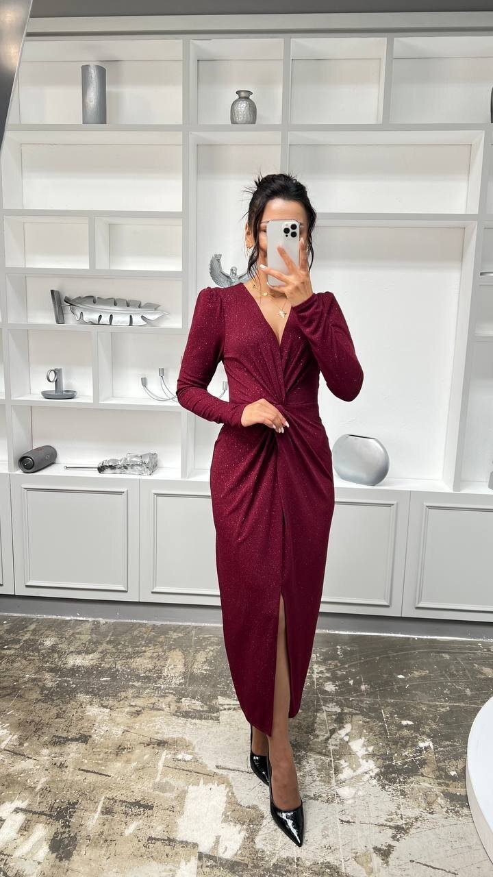 3633-BORDO SİMLİ BÜZGÜ DETAYLI ELBİSE