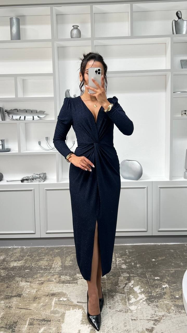 3633-LACİVERT SİMLİ BÜZGÜ DETAYLI ELBİSE