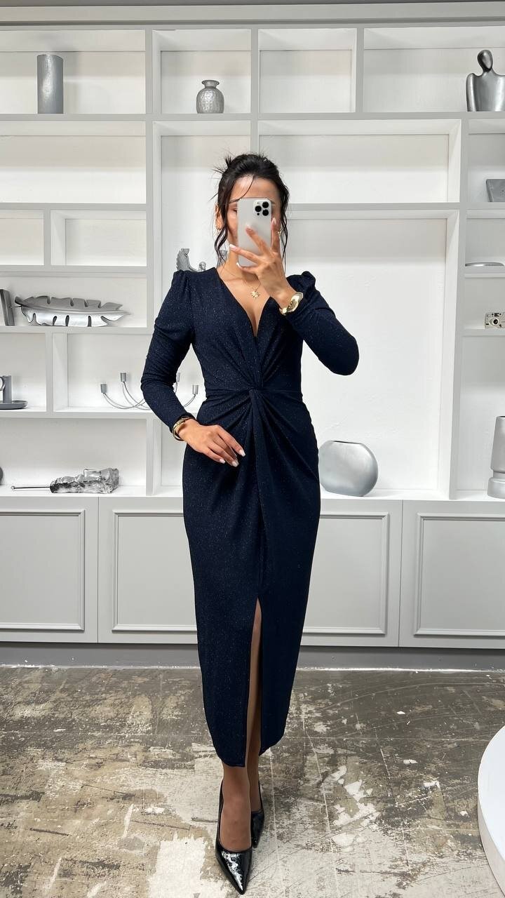 3633-LACİVERT SİMLİ BÜZGÜ DETAYLI ELBİSE