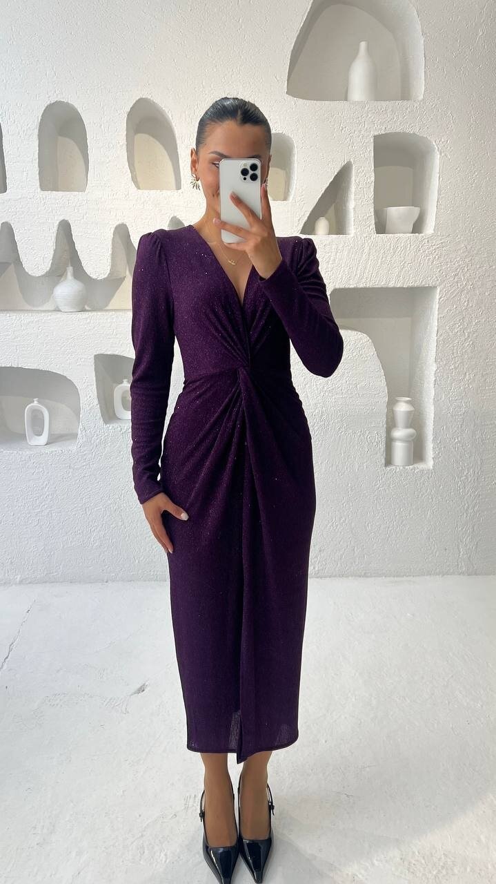 3633-MÜRDÜM SİMLİ BÜZGÜ DETAYLI ELBİSE