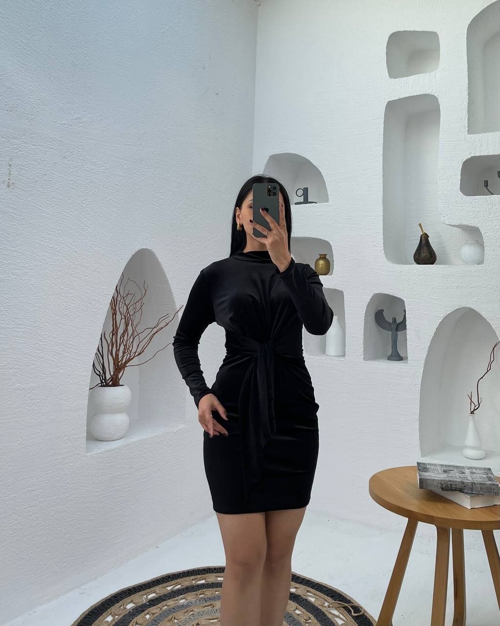 3648-SİYAH KADİFE ÖNDEN BAĞLAMALI KISA ELBİSE