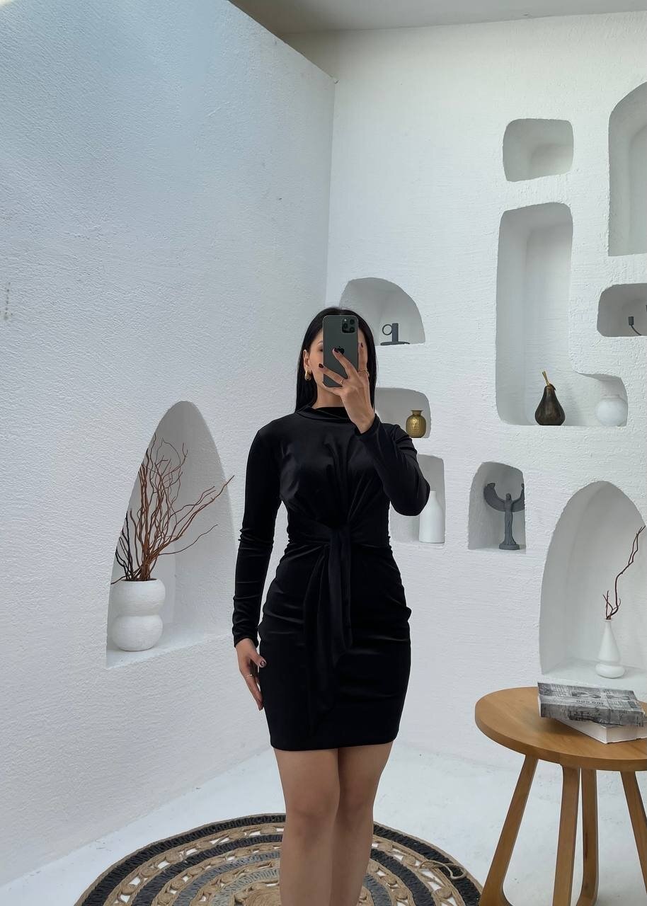 3648-SİYAH KADİFE ÖNDEN BAĞLAMALI KISA ELBİSE