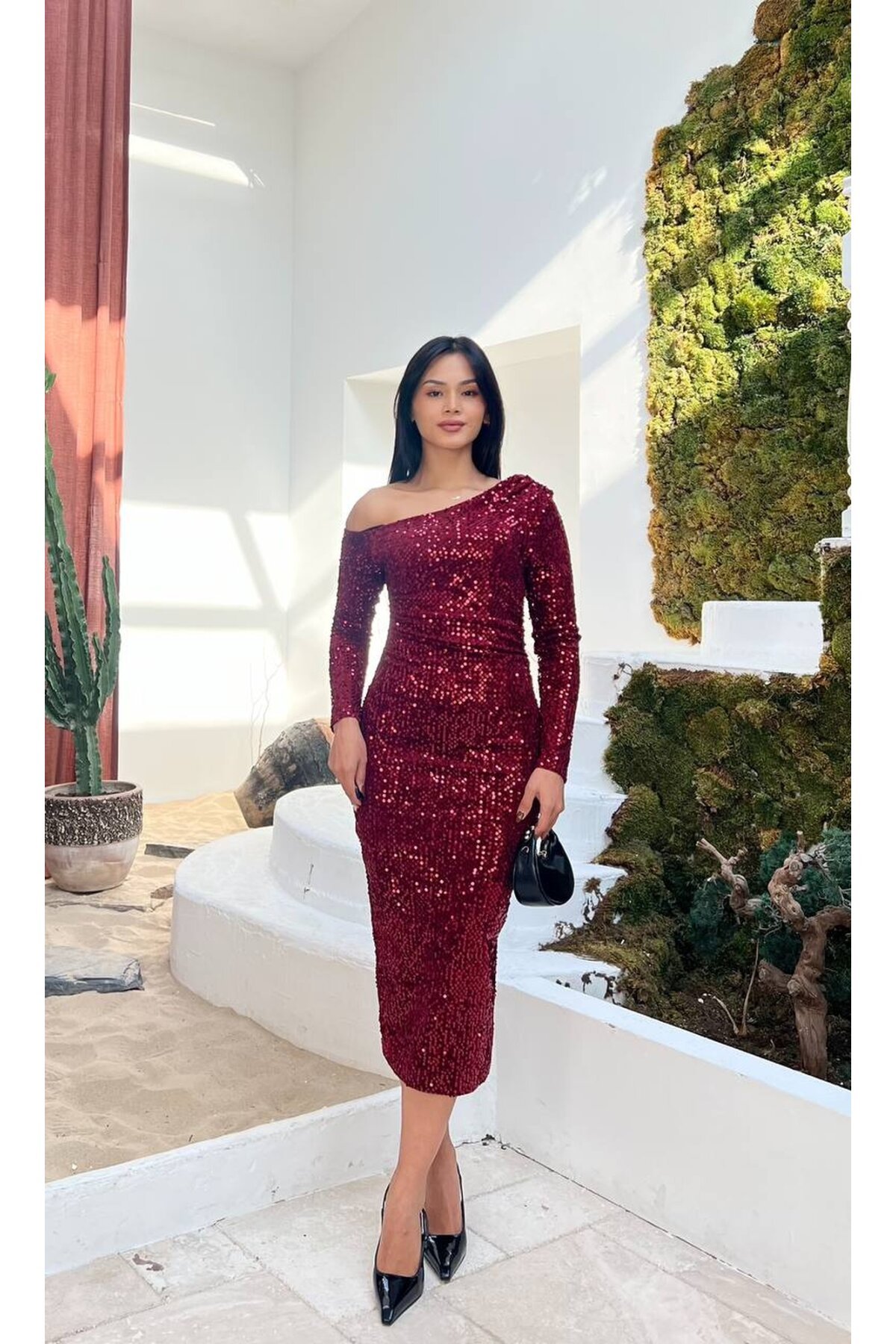 3650-BOROD TEK OMUZ MİDİ BOY PULPAYET ELBİSE