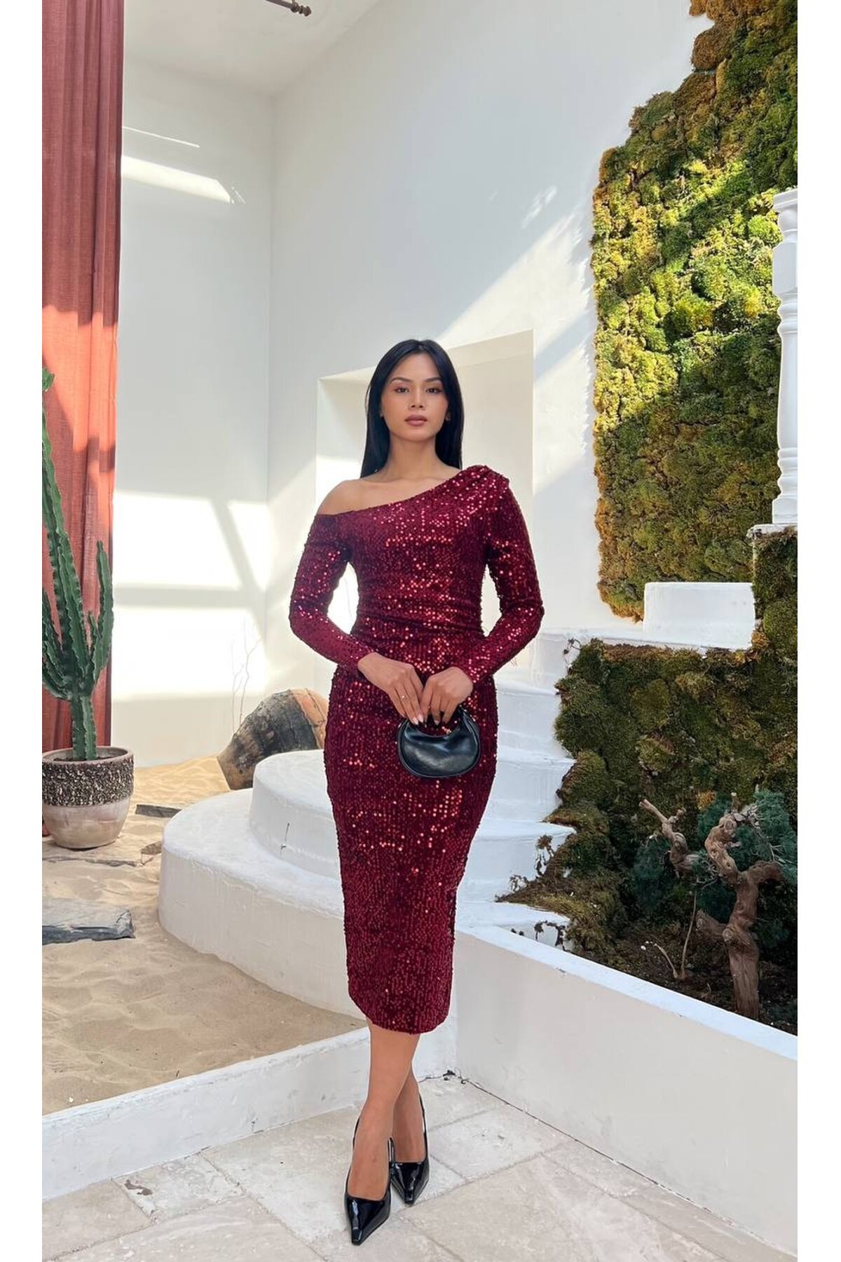 3650-BOROD TEK OMUZ MİDİ BOY PULPAYET ELBİSE