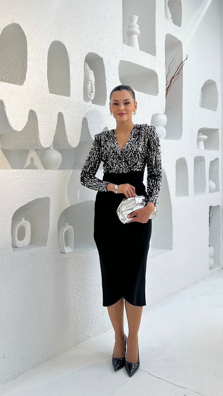 3676-GÜMÜŞ PULPAYET KRUVZE YAKA ELBİSE