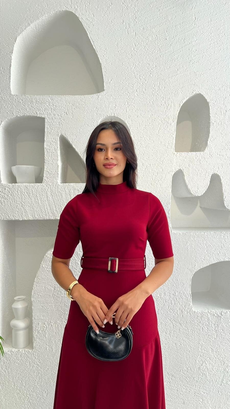 3677-BORDO BALIKÇI YAKA KİLOŞ ETEK KEMERLİ ELBİSE