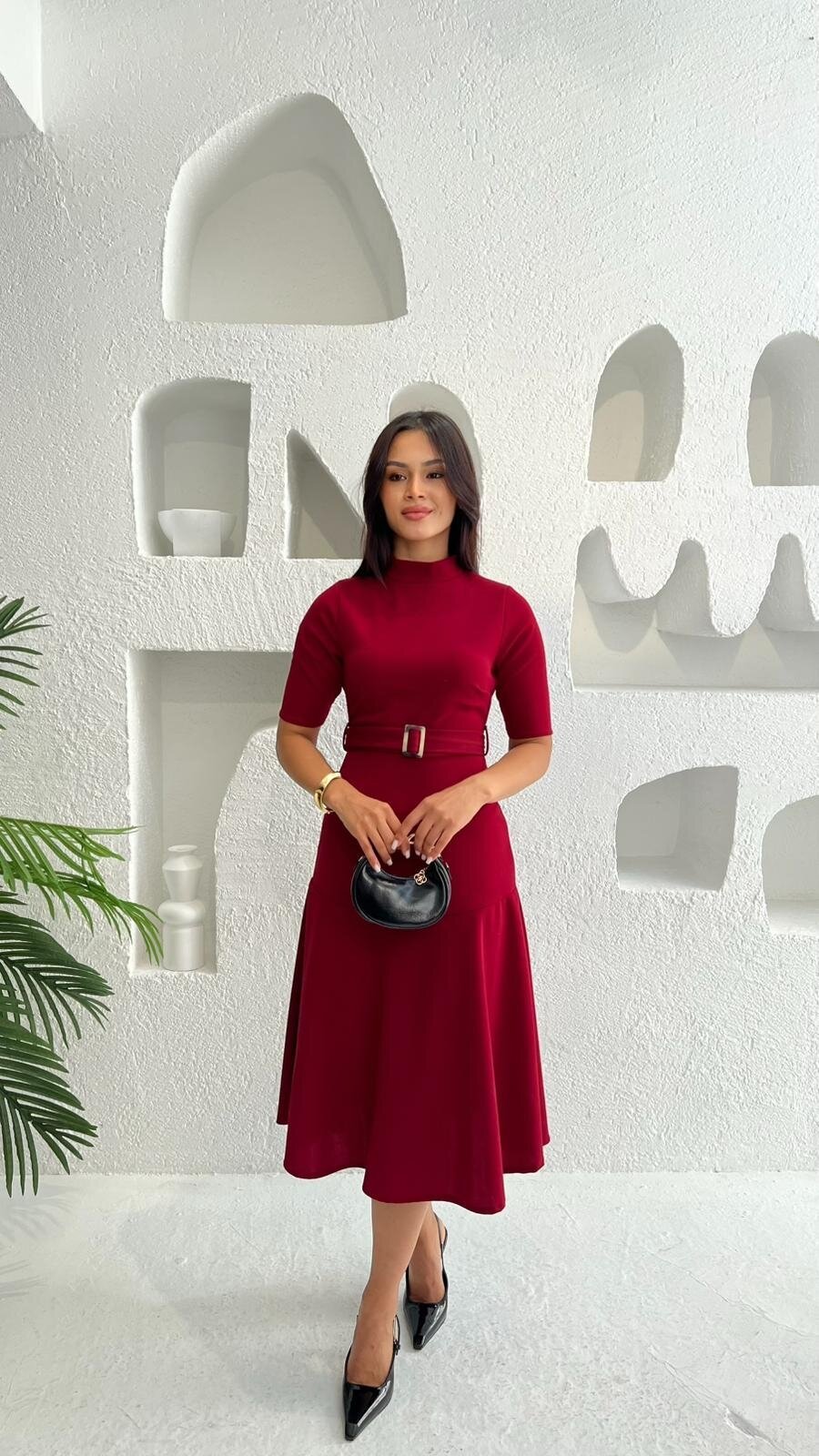 3677-BORDO BALIKÇI YAKA KİLOŞ ETEK KEMERLİ ELBİSE