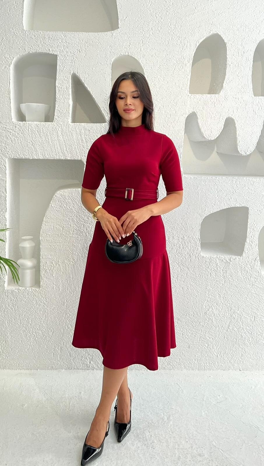 3677-BORDO BALIKÇI YAKA KİLOŞ ETEK KEMERLİ ELBİSE