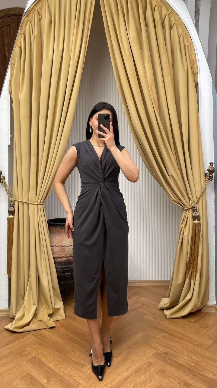 3698-ANTRASİT ÖNÜ BÜZGÜLÜ ELBİSE