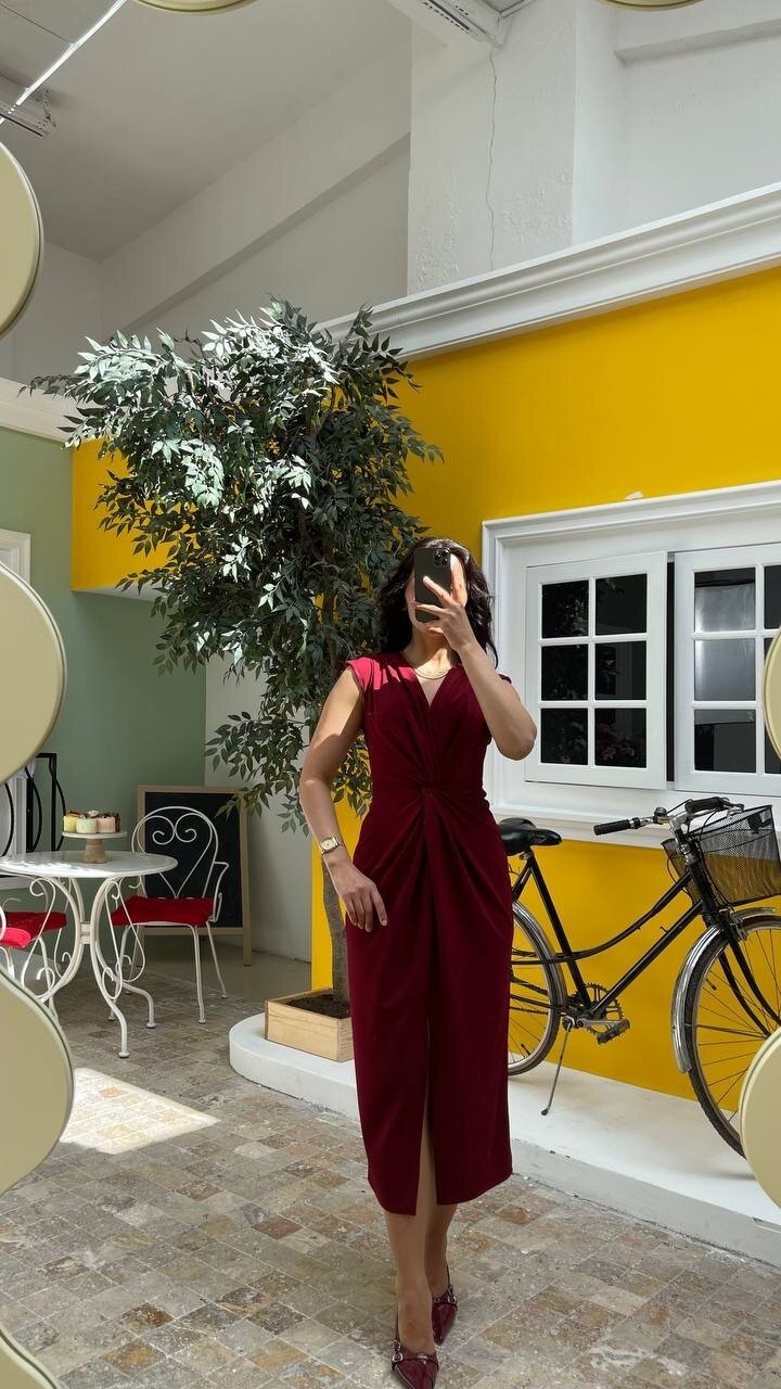 3698-BORDO ÖNÜ BÜZGÜLÜ ELBİSE