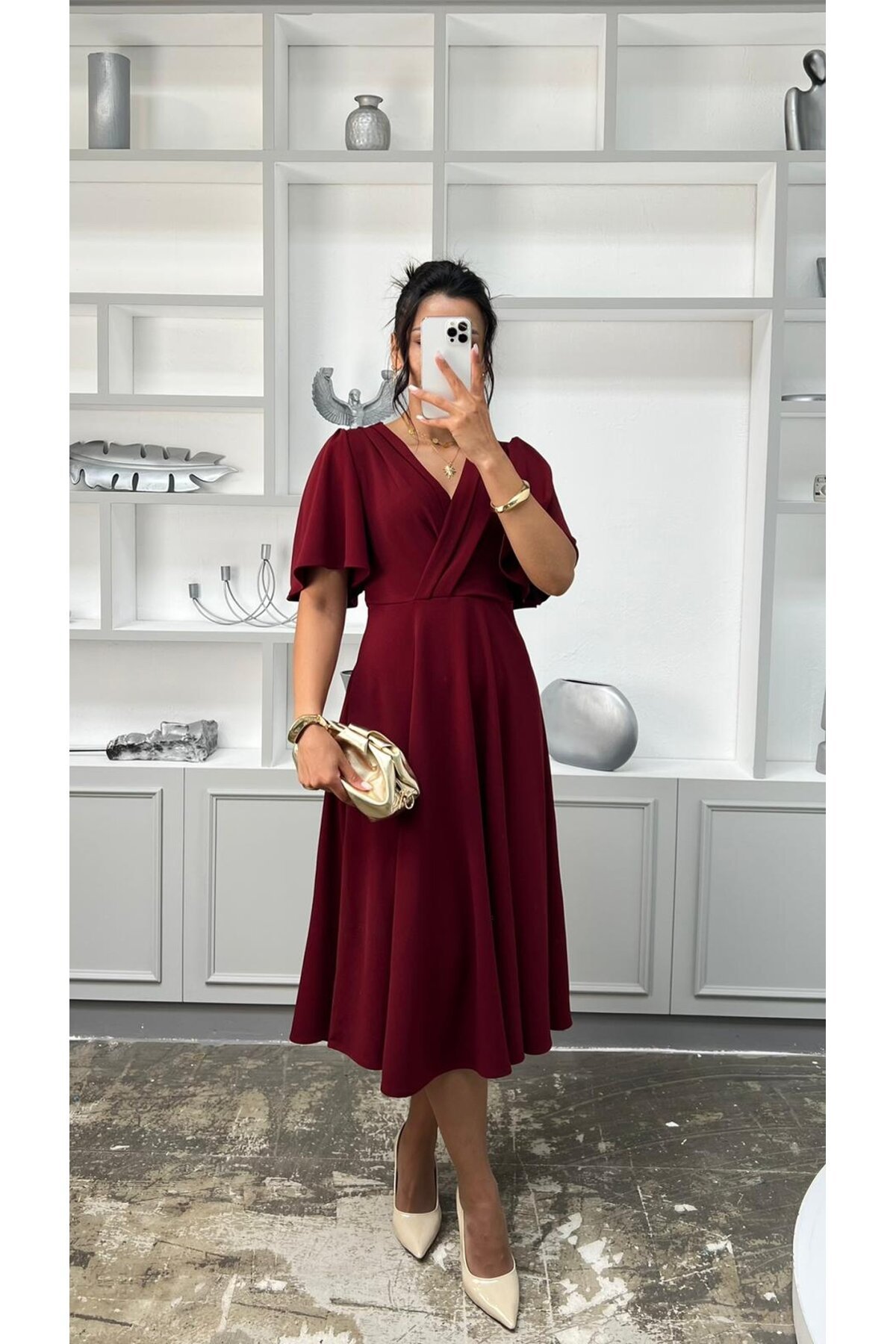 3707-BORDO KRUVAZE YAKA KİLOŞ ELBİSE