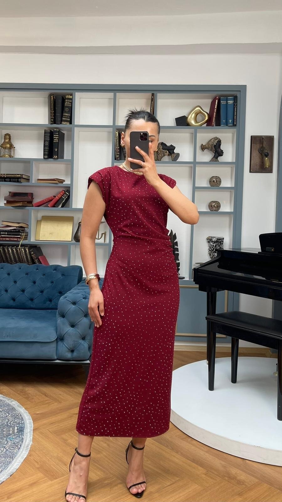 3708-BORDO TAŞLI DRAPELİ ELBİSE