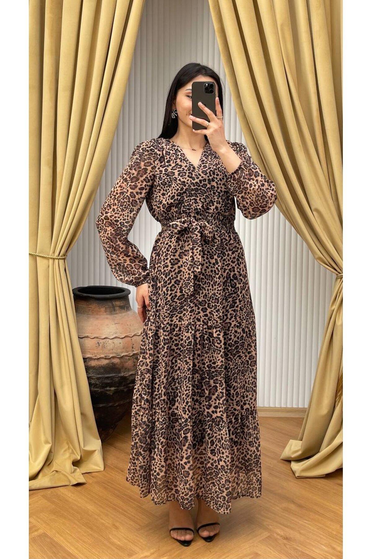 3709-LEOPAR DESEN FIRFIR DETAYLI ELBİSE