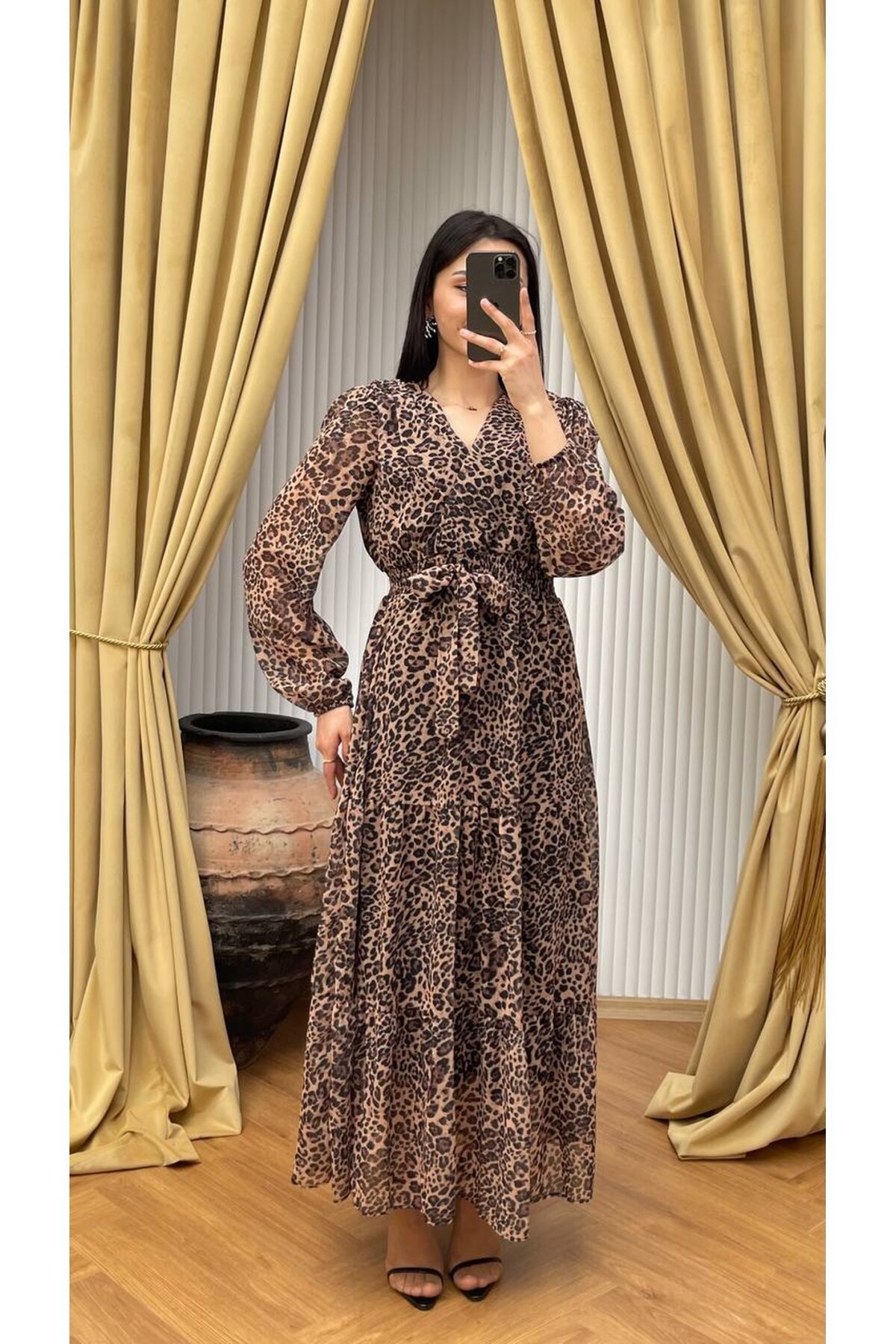 3709-LEOPAR DESEN FIRFIR DETAYLI ELBİSE