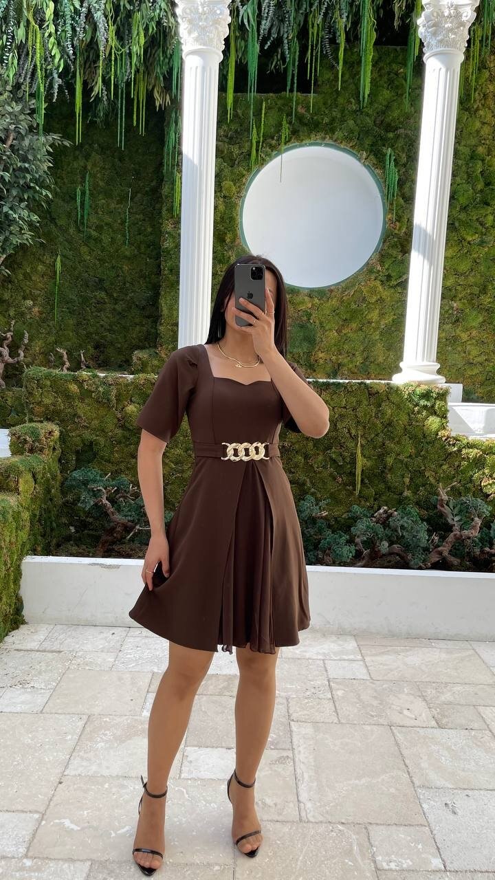 3712-KAHVERENGİ GOLD KEMER DETAYLI ELBİSE