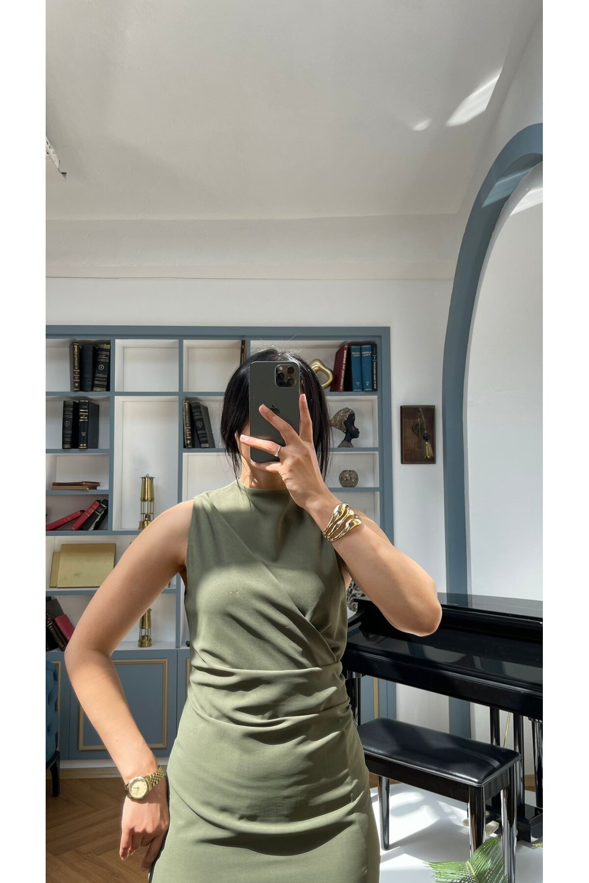 3714-HAKİ -BORDO YANLARI DRAPELİ ELBİSE