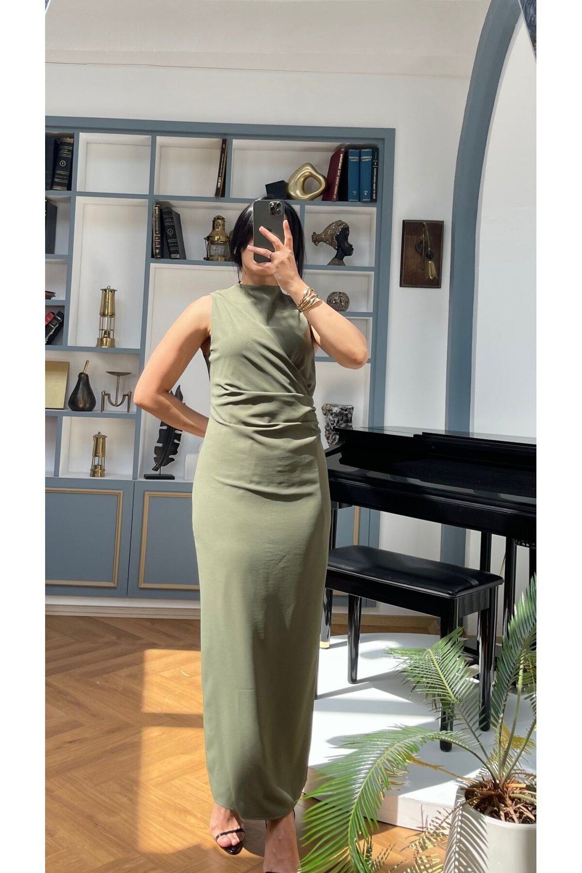 3714-HAKİ -BORDO YANLARI DRAPELİ ELBİSE