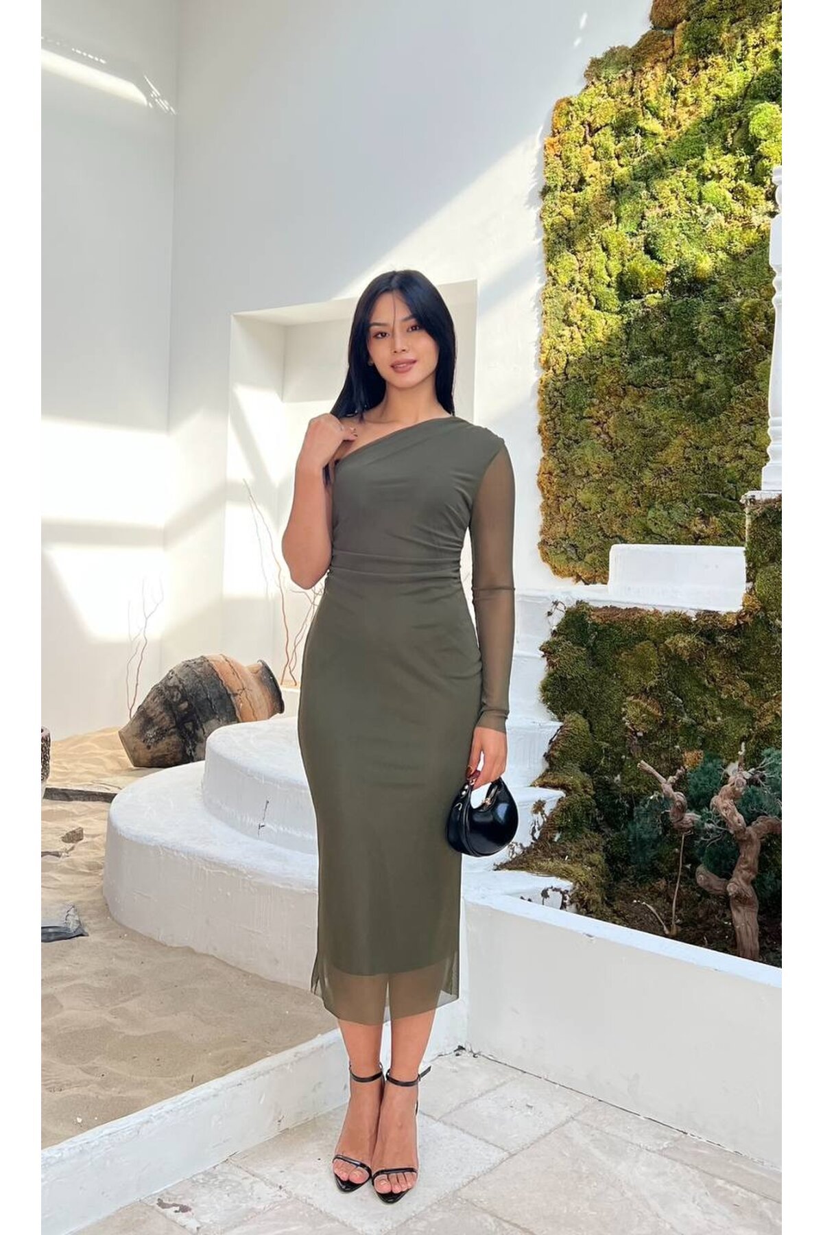 3725-HAKİ TEK OMUZ TÜL ELBİSE