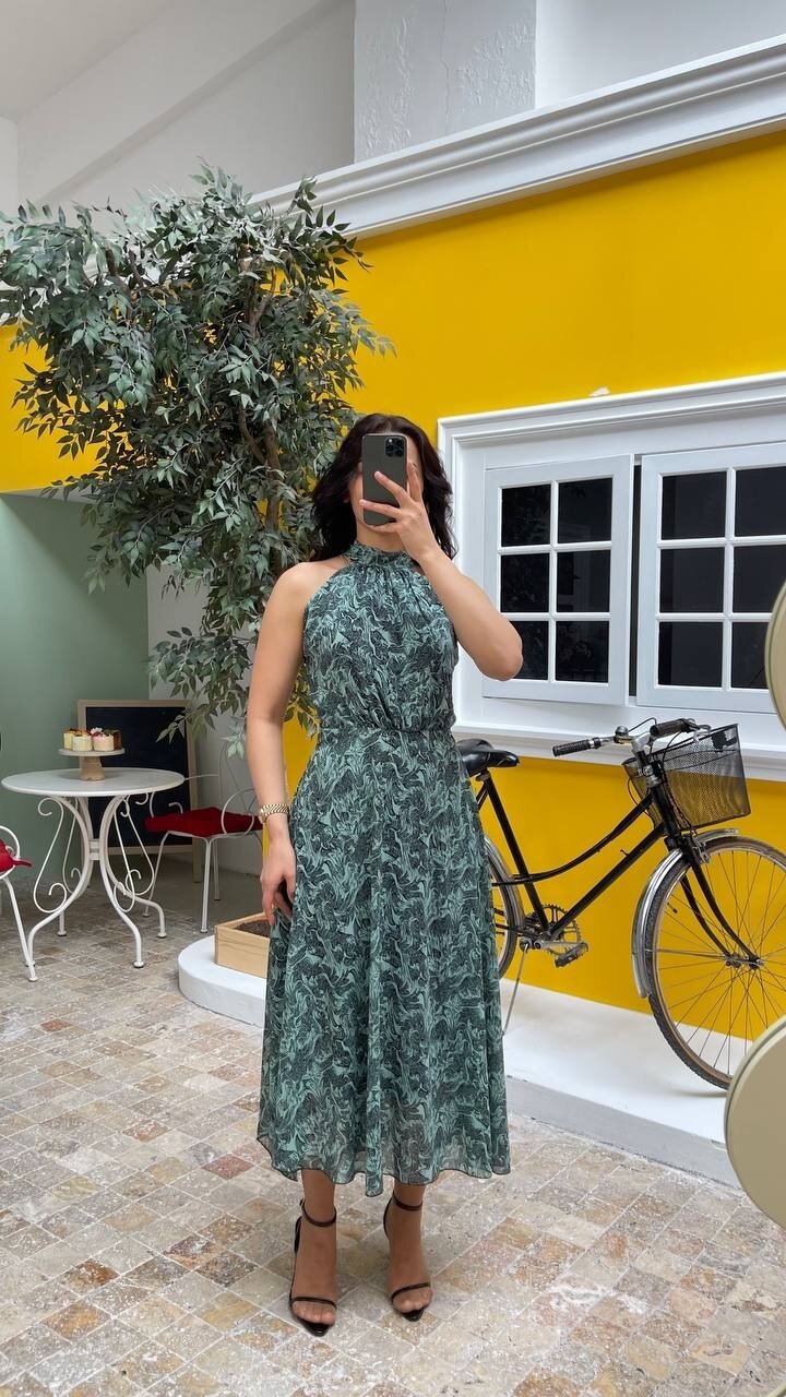 3727-YEŞİL ÇİÇEKLİ SIFIR KOL ELBİSE