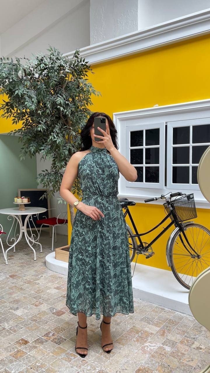 3727-YEŞİL ÇİÇEKLİ SIFIR KOL ELBİSE