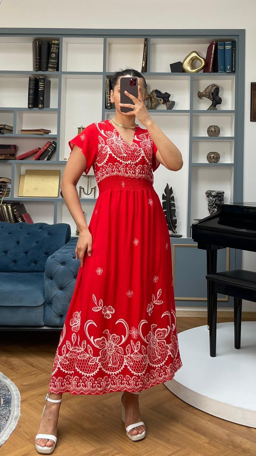 3728-KIRMIZI ALTI SULU GİPELİ ELBİSE